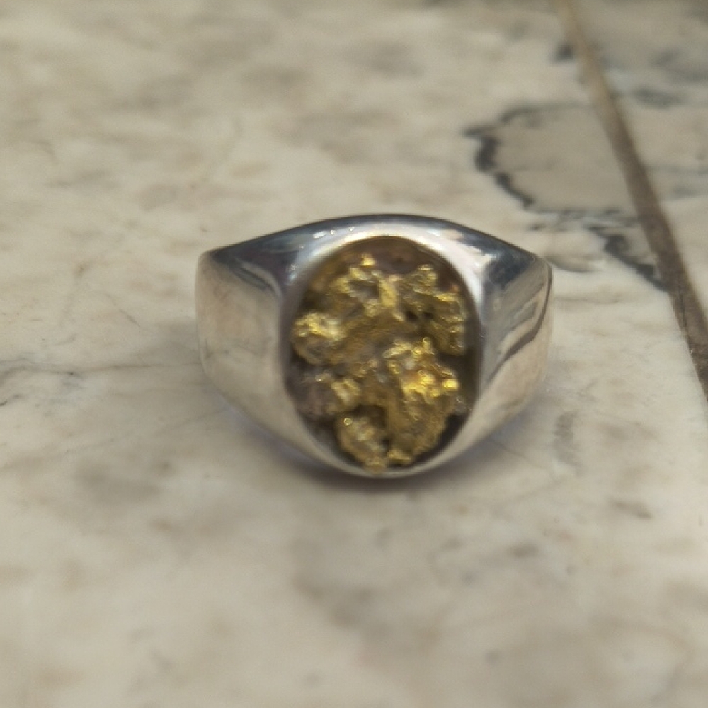 Gold Nugget Accent Sterling Silver Men's Signet Ring